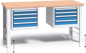 Výškovo nastaviteľný pracovný stôl do dielne G3 s 2 závesnými boxami na náradie, buková škárovka, 8 zásuviek, 1700 x 685 x 840 - 1050 mm, modrá