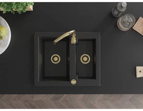 Mexen Carlos, granitový drez 582x475x177 mm, 1,5-komorový a zlatá drezová batéria Telma, čierna - strieborná metalíza, 6518-73-670200-50