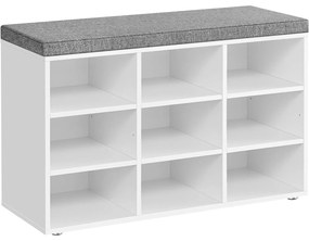 Lavica na topánky s čalúneným sedadlom, s 9 priehradkami, biela a sivá farba