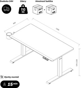 Elektrický stôl s nastavením výšky ergonomický antracitový,1200x600 mm: ARIA