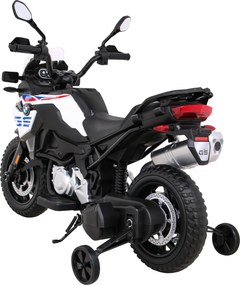 Ramiz Detský motocykel na batérie BMW F850 GS biely + pomocné kolieska + audio LED + pomalý štart + EVA