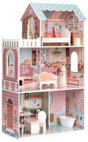 Drevený domček pre bábiky ECOTOYS: BARBIE s nábytkom ružový