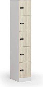 Šatníková skrinka S1 s úložnými boxmi, 5 boxov, 1850 x 300 x 500 mm, demont, mechanický kódový zámok, laminované dvere, dub prírodný