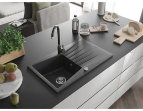 Mexen Cesar, 1-komorový granitový drez s odkvapkávačom 78x47 cm a kuchynskou batériou Telma, čierna-škvrnitá, 6514-76-670200-76