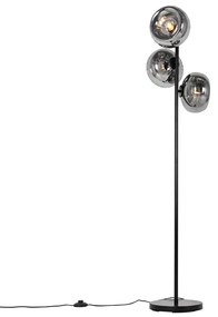 Stojaca lampa v štýle Art Deco čierna s dymovým sklom 3-svetlo - Ayesha