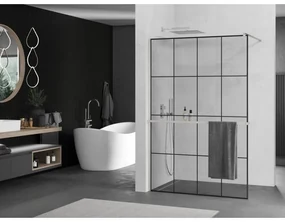 Mexen Kioto+, sprchová zástena Walk-In s poličkou a vešiakom 140 x 200 cm, 8mm číre sklo čierny vzor, brúsená oceľ profil, 800-140-121-97-77