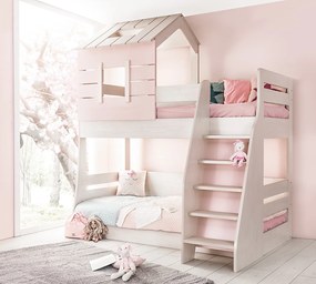 Poschodová posteľ PRAVÁ so schodíkmi Boom - breza/ružová