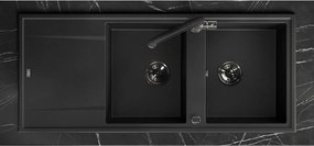 Laveo Megalo, 2-komorový granitový drez 1160x500x185 mm s dlhým odkvapávačom, čierna škvrnitá, LAV-SBE_721T
