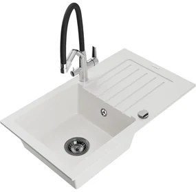 Mexen Pablo, granitový drez 752x436x161 mm, 1-komorový a drezová batéria Duo, biela, 6510-20-671701-07-B