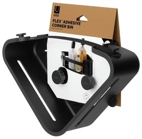 Čierna rohová plastová kúpeľňová polička bez vŕtania Flex Adhesive – Umbra