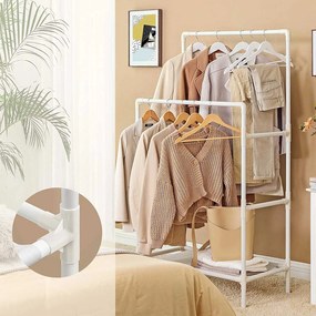 Kovový stojan na oblečenie s policou a dvojitou tyčou, biely