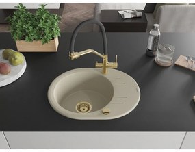 Mexen Kevin, granitový drez 586x458x190 mm, 1-komorový a biela batéria Duo, béžová, 6517-69-671701-57-G