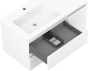 Mexen Rivel, kúpeľňová skrinka 90 cm s ľavým umývadlom Otis, 2S, 1D, drážkovaná, biela matná, 91A23-09047-3-BBFFF01-W18L01