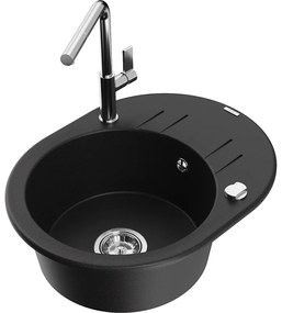 Mexen Kevin, 1-komorový granitový drez 586x458x190 mm a drezová batéria Flora, čierna, 6517-77-670401-00