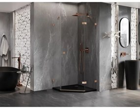 Mexen Lunar, päťuholníkový sprchový kút s pravým sklonom 90 x 90 cm, 8mm číre sklo, profil medená matná, 831-090P-090L-65-00-P