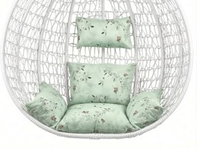 Biele závesné kreslo KOKON so stojanom, svetlozelený vankúš so vzorom