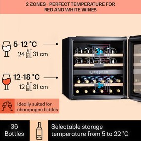 Klarstein Vinsider 36 Onyx Edition, vinotéka, 85 l, 5-22°C, 2 zóny