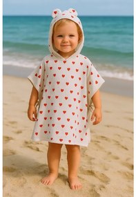 Detské mušelínové pončo s uškami – biele so srdiečkami, 100% bavlna Veľkosť: M: 3-7 Y
