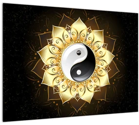 Sklenený obraz - Zlatý Yin-Yang (70x50 cm)