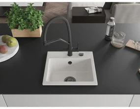Mexen Milo, granitový drez 435x410x171 mm, 1-komorový a drezová batéria Duo, biela, 6505-20-671701-70-B