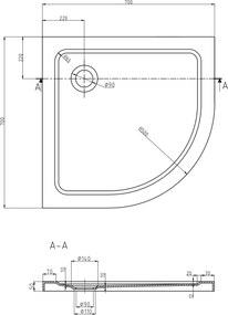 Mexen SLIM - štvrťkruhová sprchová vanička 70x70x5cm + čierny sifón, biela, 41107070B