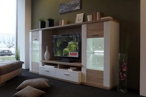 Obývacia stena Caracas Media, dub/biely lesk, s osvetlením