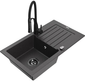 Mexen Pablo, 1-komorový granitový drez 752x436x161 mm a drezová batéria Aster, čierna škvrnitá, 6510-76-73450-70-B