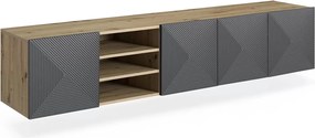 Závesná TV skrinka Asha 200 cm s ryhovaným čelom a výklenkom - dub artisan / rivier stone mat