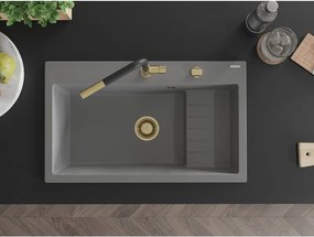 Mexen Omar, 1-komorový granitový drez 800x480x210 mm, šedá, zlatý sifón, 6520801005-71-G