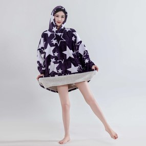 Baránková mikinová deka s rukávmi a kapucňou HVIEZDY fialová