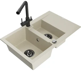 Mexen Gaspar, granitový drez 737x475x177 mm, 1,5-komorový, čierna batéria Duero, béžová, 6507-69-671600-70