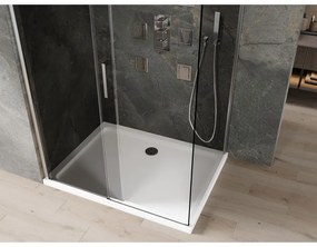 Mexen Omega, sprchový kút s posuvnými dverami 110 (dvere) x 90 (stena) cm, 8mm šedé sklo, chrómový profil + slim sprchová vanička biela + chrómový sifón, 825-110-090-01-40-4010