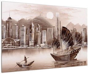 Obrázok - Victoria Harbor, Hong Kong, sépiový efekt (90x60 cm)