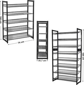 Stojan na topánky s 5 policami z kovovej sieťoviny, čierny