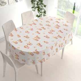 Biante Detský bavlnený oválny obrus Sandra SA-538 Ružové zajačiky a vtáčiky na bielom 50x100 cm
