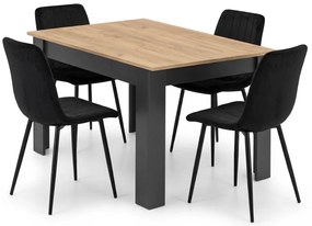 Jedálenský set 1 + 4, stôl MADO 120x80 cm čierna/dub artisan + čierna zamatová stolička LAVA s čiernymi nohami