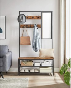 Stojan na kabáty so zrkadlom, háčikmi, lavicou a policami na topánky, rustikálny hnedý