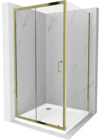 Mexen Apia, sprchový kút s posuvnými dverami 90 (dvere) x 90 (stena) cm, 6mm číre sklo, zlatý profil + biela sprchová vanička SLIM, 840-090-090-50-00-4010G