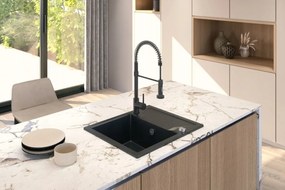 Sink Quality Obsidian, kuchynský granitový drez 590x500x210 mm + zlatý sifón, čierna škvrnitá-Brocade, SKQ-OBS.B.1KKO.XG