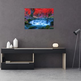 Sklenený obraz vodopádu v červenom lese (70x50 cm)