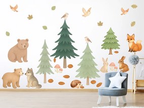 Akvarelová lesná zvířátka textilní prelepiteľné nálepky na stenu hárok 46 x 34 cm
