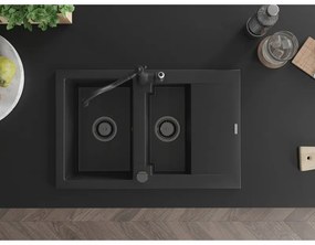 Mexen Gaspar, granitový drez 752x436x161 mm, 1,5-komorový a drezová batéria Carla, čierna, 6507-77-670700-70-B