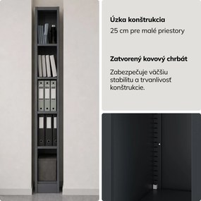 Úzky kovový archivačný regál na dokumenty antracitový, 250x1950x600 mm: TIM