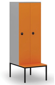 Drevená šatníková skrinka s lavičkou, 2 oddiely, 1871 x 600 x 500/800 mm, RFID zámok, sivá / oranžová