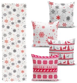 Súprava 4 vianočných obliečok na vankúš a behúň na stôl Minimalist Cushion Covers Red Christmas