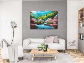 Gario Diamantové maľovanie Rozkvitnuté stromy pri vodopáde Rozmery: 120 x 80 cm, Rámovanie: Iba zrolované plátno, Diamanty: Okrúhle