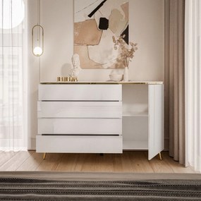 KOMODA NESSIE 3 NA NOŽIČKÁCH BIELY LESK + ZLATÁ 140 cm