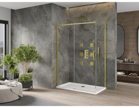Mexen Omega, sprchovací kút s posuvnými dverami 140 (dvere) x 80 (stena) cm, 8mm číre sklo, zlatý profil + slim sprchová vanička 5cm, 825-140-080-50-00-4010