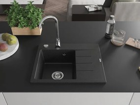 Mexen Ben, 1-komorový granitový drez 600x500x190 mm, ľavý+ chrómový sifón, čierna-strieborná metalíza, 6522605000-73
