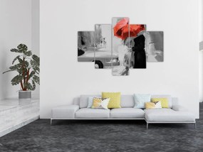 Obraz - Zamilovaný pár pod dáždnikom, červený (150x105 cm)